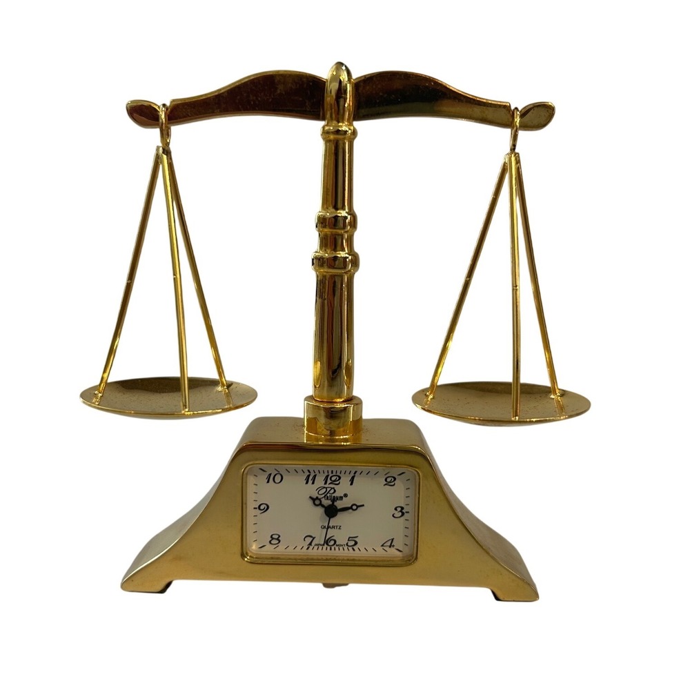 Vintage Gold Scales of Justice Miniature Desk Clock Quartz Legal Decor Law Gift